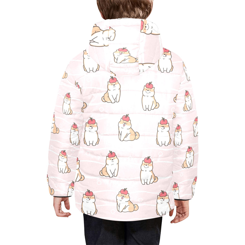 Cute Shiba Inu Dog Apple pattern Kids' Boys' Girls' Padded Hooded Jacket