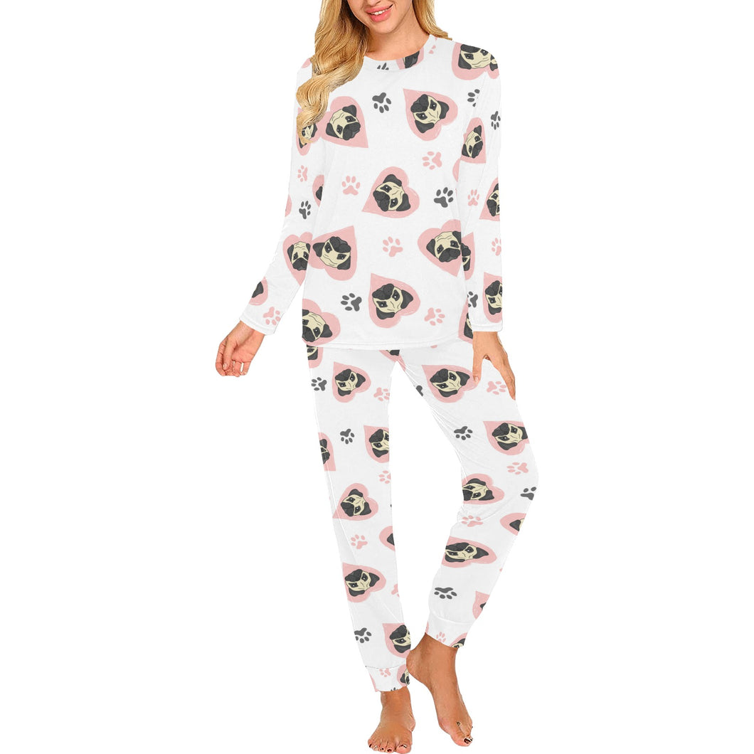 Cute pugs pink heart paw pattern Women's All Over Print Pajama Set