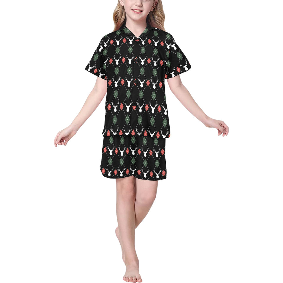 Deer Christmas new year pattern argyle Kids' Boys' Girls' V-Neck Short Pajama Set
