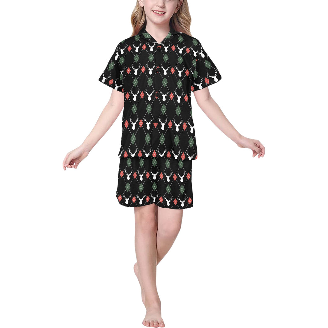 Deer Christmas new year pattern argyle Kids' Boys' Girls' V-Neck Short Pajama Set