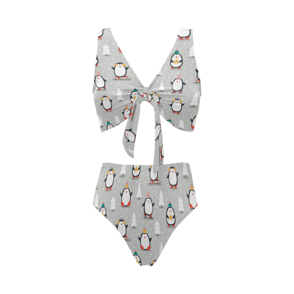 Cute Penguin christmas pattern Chest Bowknot High Waisted Bikini Swimsuit