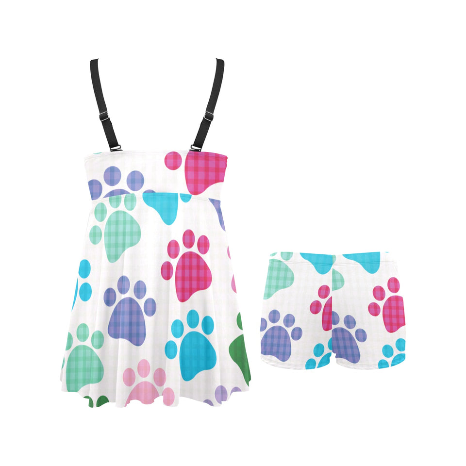 Dog Paws Pattern Print Design 01 Chest Sexy Pleated Two Piece Swim Dress