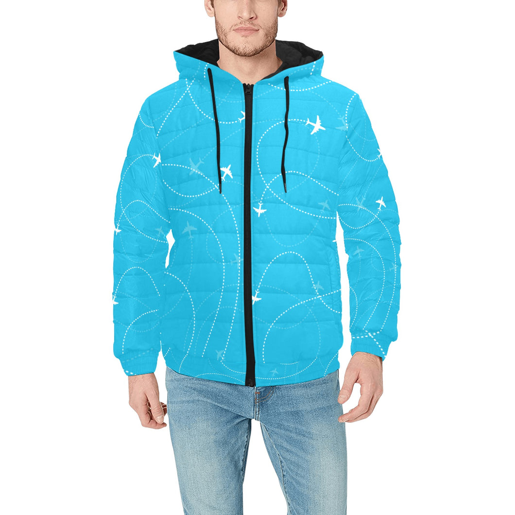 Airplane destinations blue background Men's Padded Hooded Jacket