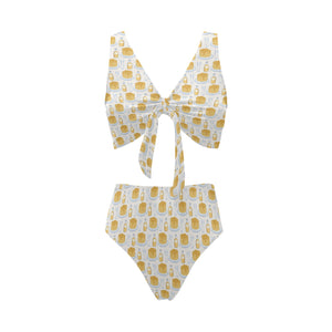 Pancake Pattern Print Design 05 Chest Bowknot High Waisted Bikini Swimsuit