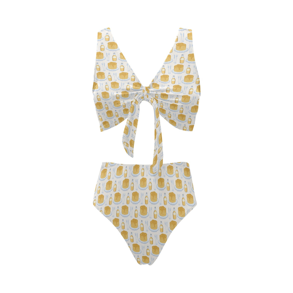 Pancake Pattern Print Design 05 Chest Bowknot High Waisted Bikini Swimsuit