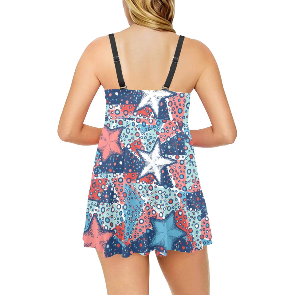 Hand drawn colorful starfish Chest Sexy Pleated Two Piece Swim Dress