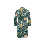 dinosaurs tropical leaves flower pattern Men's Long Sleeve Belted Night Robe