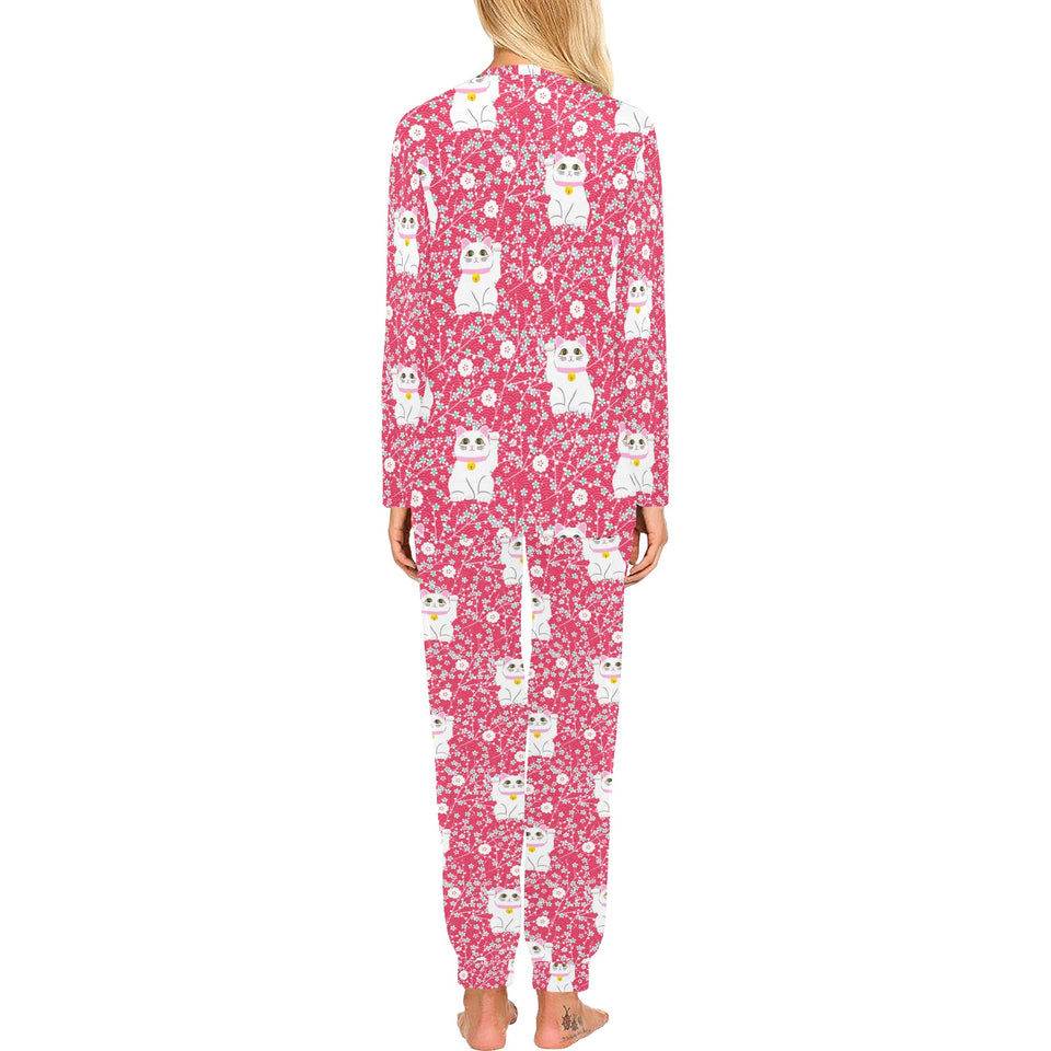 Maneki neko cat sakura pink background Women's All Over Print Pajama Set