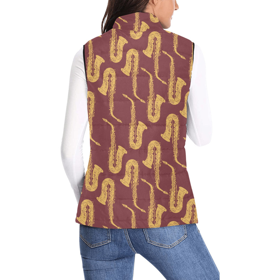 Hand drawn gold saxophone red background Women's Padded Vest