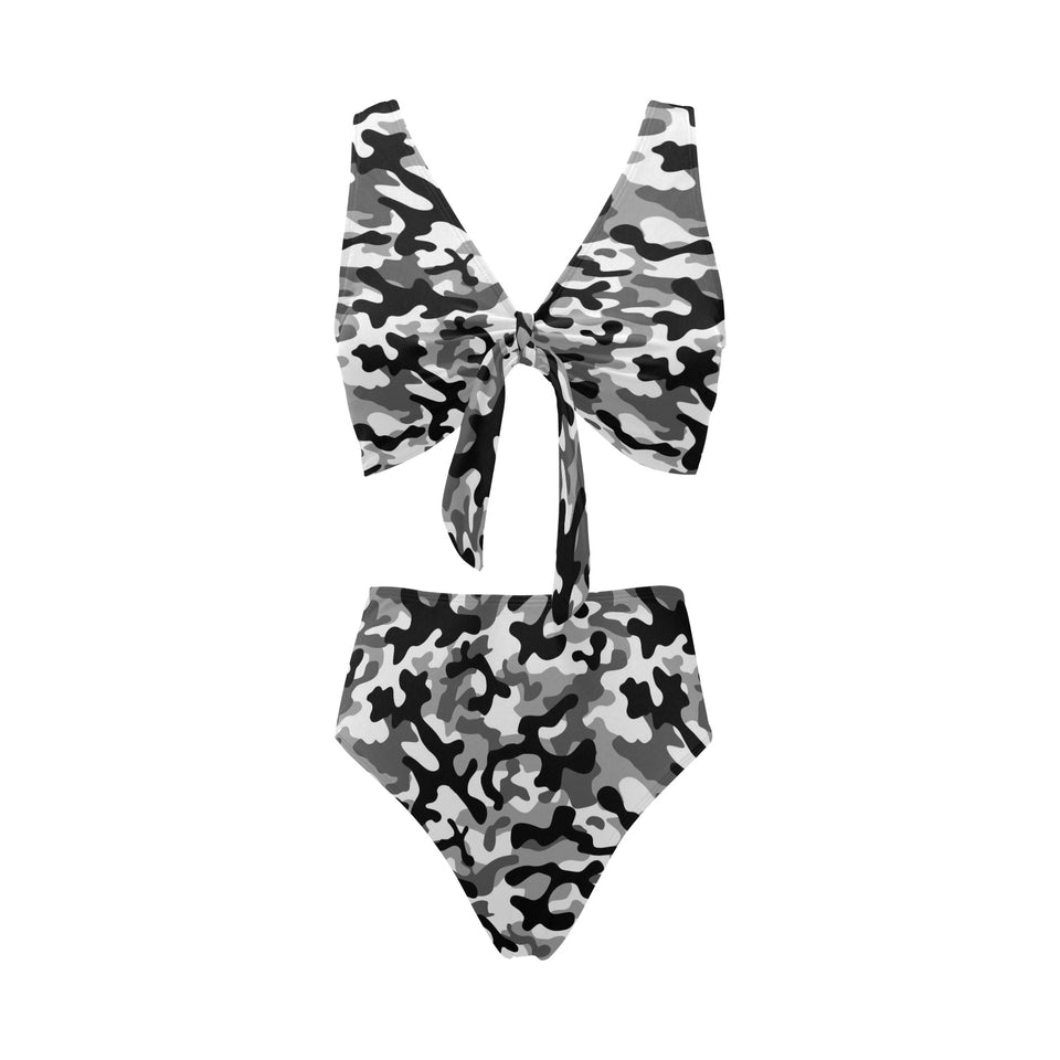 Black white camouflage pattern Chest Bowknot High Waisted Bikini Swimsuit