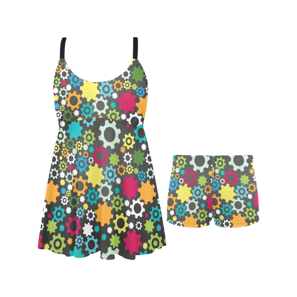 Gear Pattern Print Design 03 Chest Sexy Pleated Two Piece Swim Dress