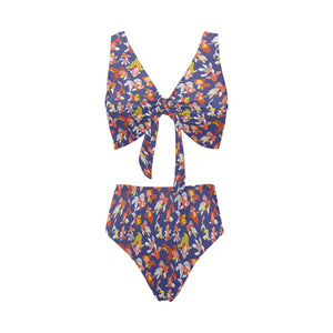 Goldfish Pattern Print Design 04 Chest Bowknot High Waisted Bikini Swimsuit