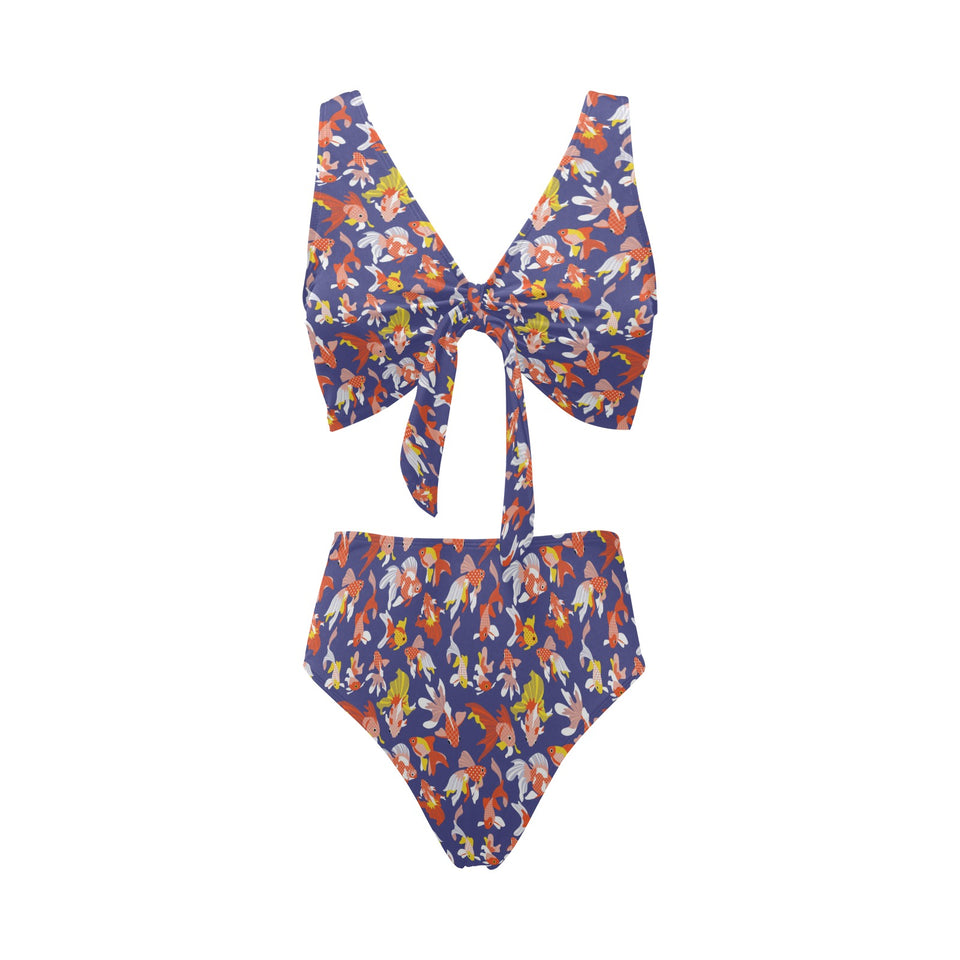 Goldfish Pattern Print Design 04 Chest Bowknot High Waisted Bikini Swimsuit