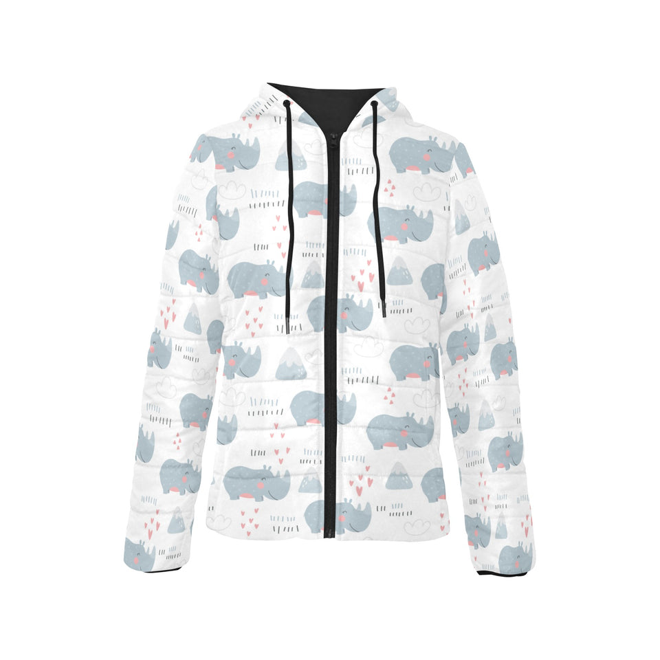 cute rhino heart pattern Women's Padded Hooded Jacket