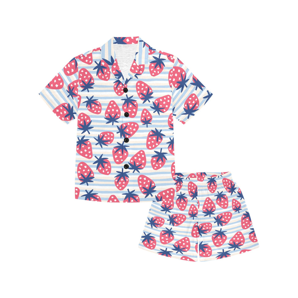 Strawberry pattern blue lines background Kids' Boys' Girls' V-Neck Short Pajama Set