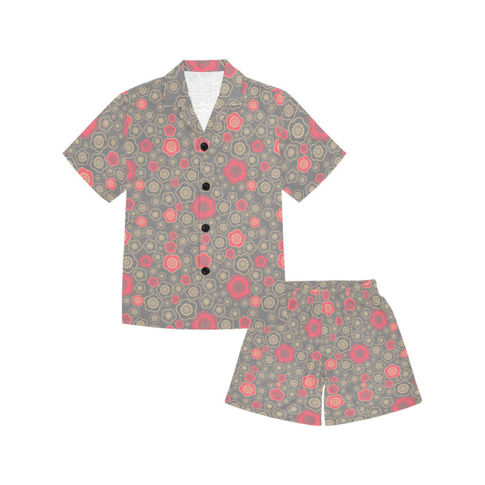 Red gold Sakura cherry blossom gray background Kids' Boys' Girls' V-Neck Short Pajama Set
