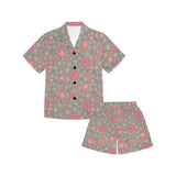 Red gold Sakura cherry blossom gray background Kids' Boys' Girls' V-Neck Short Pajama Set