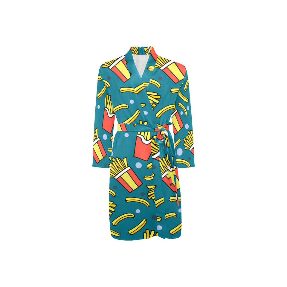 French fries red paper box pattern Men's Long Sleeve Belted Night Robe