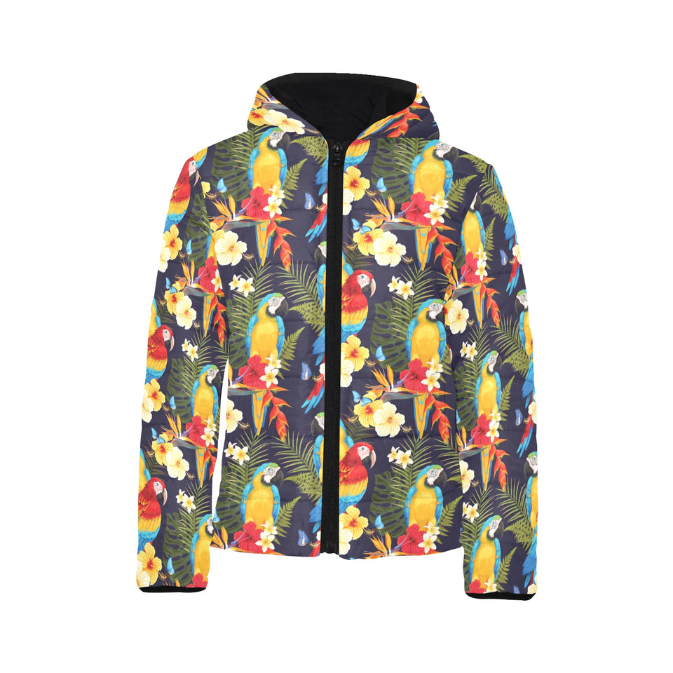 Colorful parrot flower pattern Kids' Boys' Girls' Padded Hooded Jacket