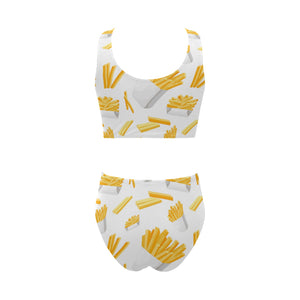 French fries white paper box pattern Chest Bowknot High Waisted Bikini Swimsuit