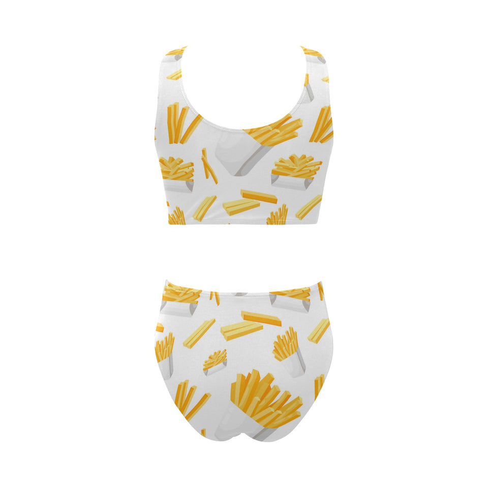 French fries white paper box pattern Chest Bowknot High Waisted Bikini Swimsuit