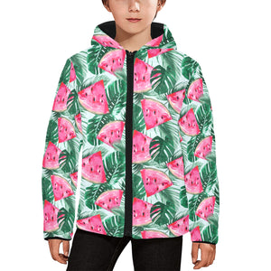 Watermelons tropical palm leaves pattern Kids' Boys' Girls' Padded Hooded Jacket