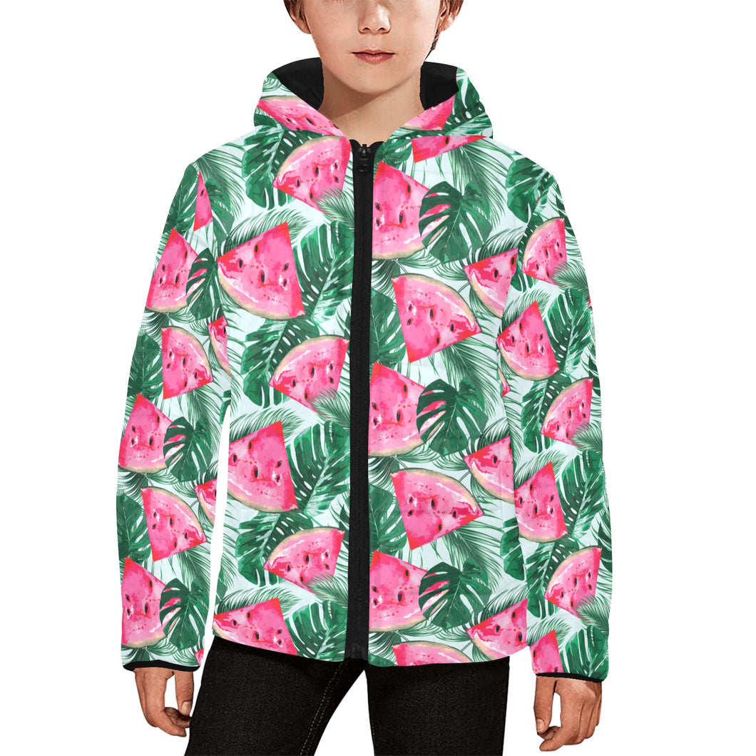 Watermelons tropical palm leaves pattern Kids' Boys' Girls' Padded Hooded Jacket