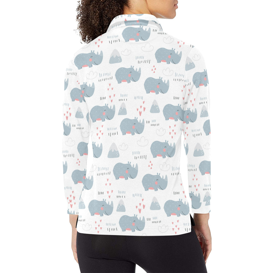cute rhino heart pattern Women's Long Sleeve Polo Shirt