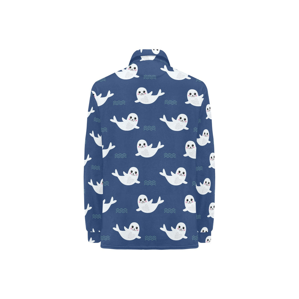 Cute white baby sea lion seal pattern Women's Long Sleeve Polo Shirt