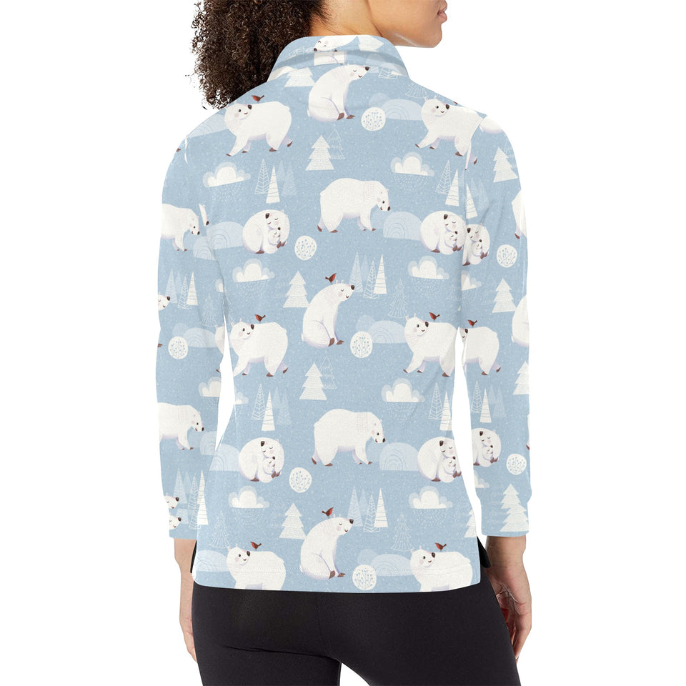 Cute polar bears Christmas decoration pattern Women's Long Sleeve Polo Shirt