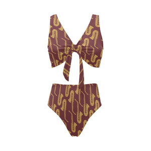 Hand drawn gold saxophone red background Chest Bowknot High Waisted Bikini Swimsuit