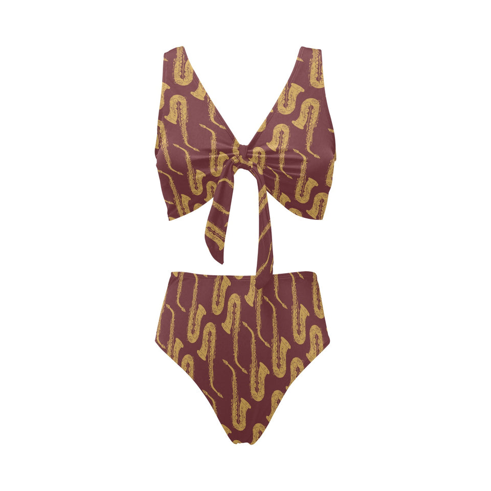 Hand drawn gold saxophone red background Chest Bowknot High Waisted Bikini Swimsuit