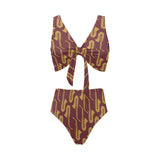 Hand drawn gold saxophone red background Chest Bowknot High Waisted Bikini Swimsuit