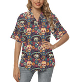 Sugar skulls flower maxican pattern Women's All Over Print Hawaiian Shirt