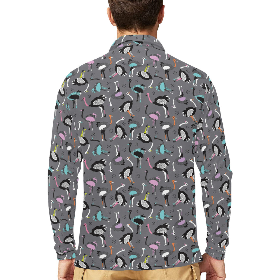 Ostrich Pattern Print Design 01 Men's Long Sleeve Polo Shirt