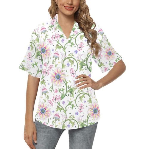 Beautiful pink lotus waterlily leaves pattern Women's All Over Print Hawaiian Shirt