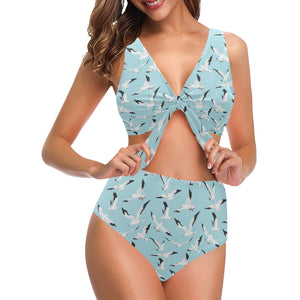 Seagull Pattern Print Design 01 Chest Bowknot High Waisted Bikini Swimsuit