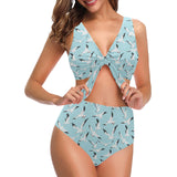 Seagull Pattern Print Design 01 Chest Bowknot High Waisted Bikini Swimsuit