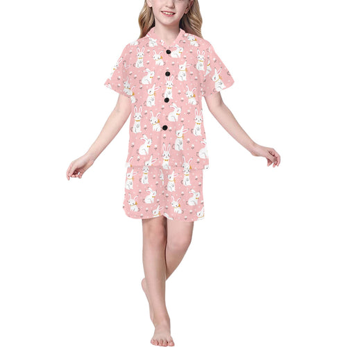 Cute white rabbit flower pink background Kids' Boys' Girls' V-Neck Short Pajama Set