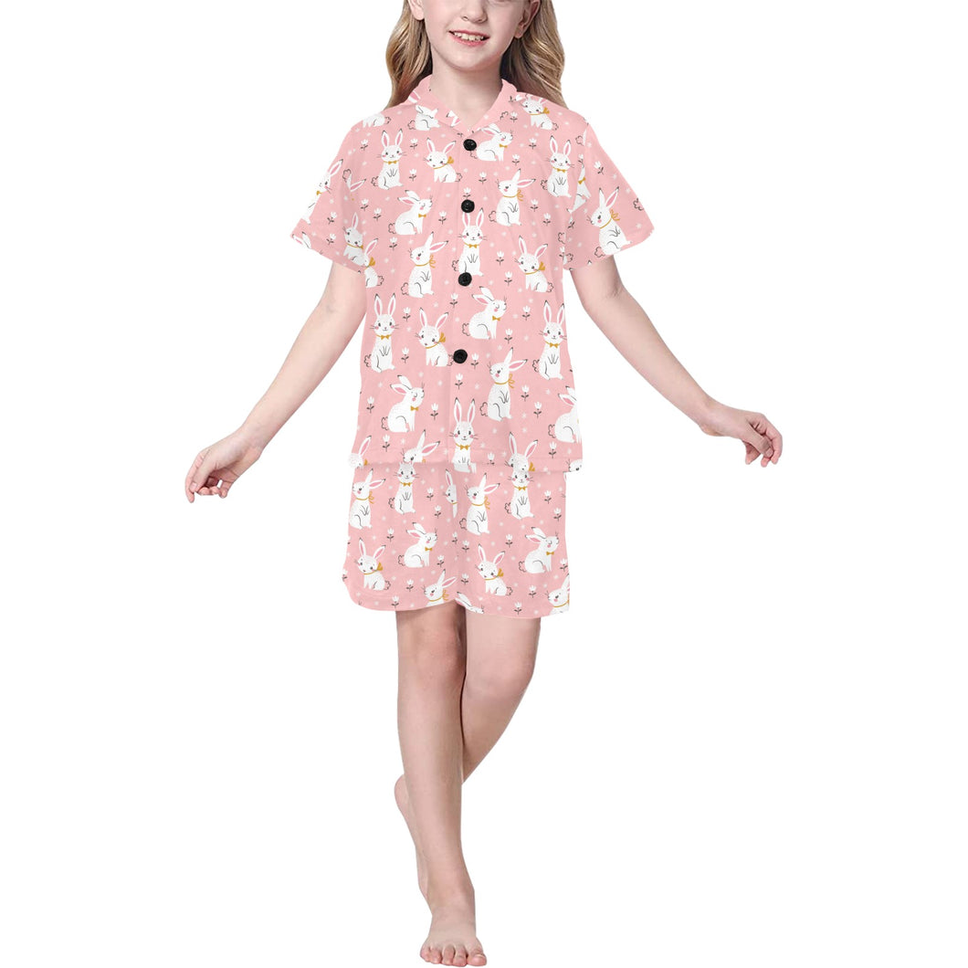 Cute white rabbit flower pink background Kids' Boys' Girls' V-Neck Short Pajama Set