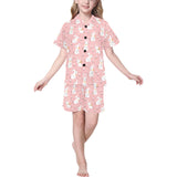 Cute white rabbit flower pink background Kids' Boys' Girls' V-Neck Short Pajama Set