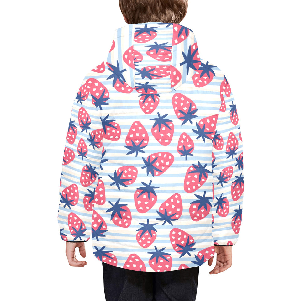 Strawberry pattern blue lines background Kids' Boys' Girls' Padded Hooded Jacket