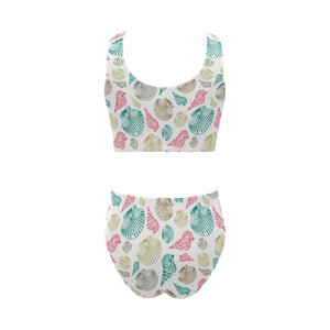 Colorful shell pattern Chest Bowknot High Waisted Bikini Swimsuit