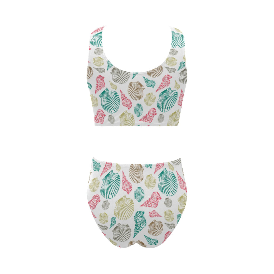 Colorful shell pattern Chest Bowknot High Waisted Bikini Swimsuit