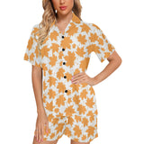 Orange Maple Leaf pattern Women's V-Neck Short Pajama Set