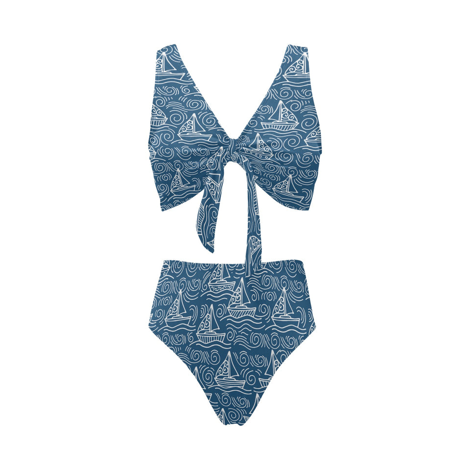 Hand drawn sailboat pattern Chest Bowknot High Waisted Bikini Swimsuit