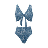 Hand drawn sailboat pattern Chest Bowknot High Waisted Bikini Swimsuit