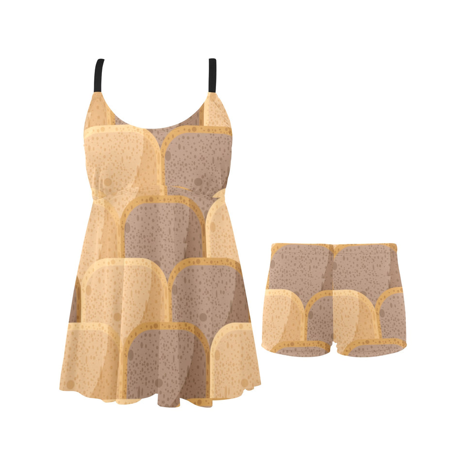 Bread Toast Pattern Print Design 04 Chest Sexy Pleated Two Piece Swim Dress