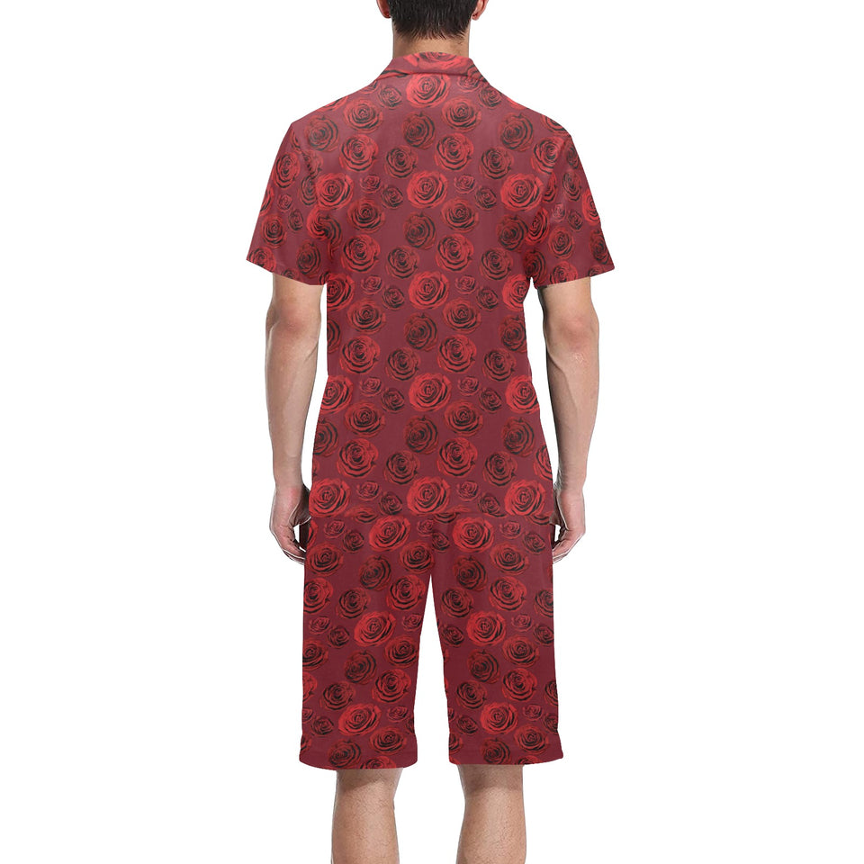 Rose Pattern Print Design 03 Men's V-Neck Short Pajama Set