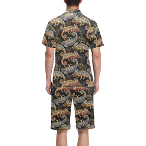 Chameleon lizard tropical leaves palm tree Men's V-Neck Short Pajama Set